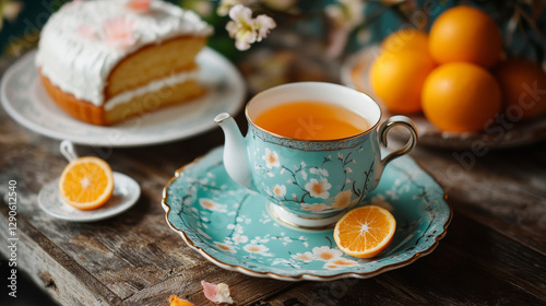 Cartoon tea cup, teapot vector illustration. Cute ceramic kettle with japanese pink flowers, glass teacup with aroma orange, sea buckthorn hot drink served sugar cake. Flat tea party landing page set