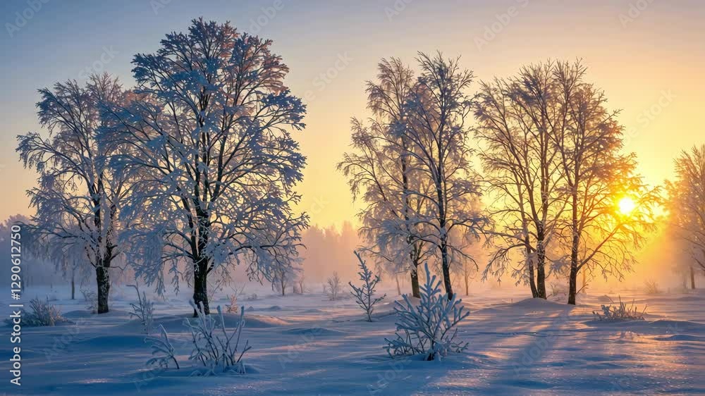 Snow covered trees at sunrise create a serene winter landscape Snow covered trees at sunrise create a serene winter landscape