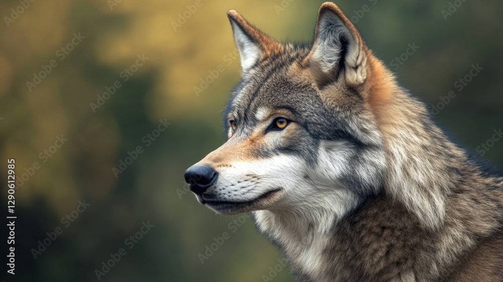 Majestic gray wolf profile showcasing its sharp features and intense gaze. wolf fur is beautifully detailed, blending with soft, blurred natural background Majestic gray wolf profile showcasing its sharp features and intense gaze. wolf fur is beautifully detailed, blending with soft, blurred natural background