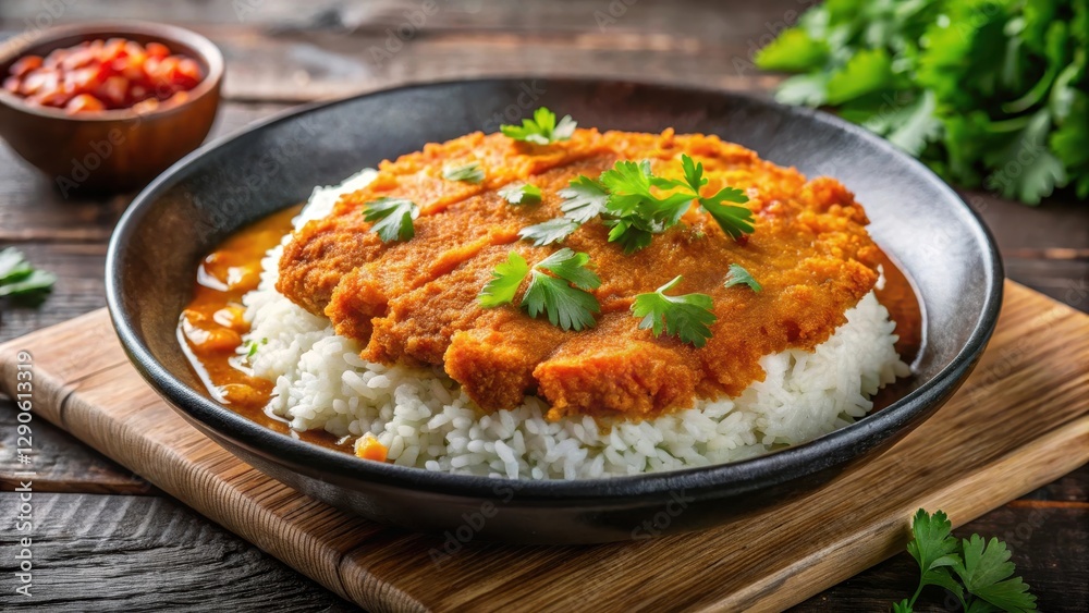 Crispy fried pork cutlet on top of steaming hot curry with fluffy rice and garnished with fresh cilantro , food, curry Crispy fried pork cutlet on top of steaming hot curry with fluffy rice and garnished with fresh cilantro , food, curry