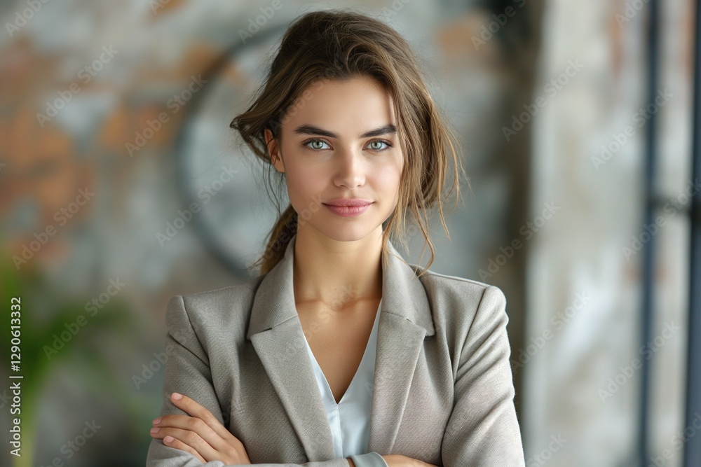 Confident young woman with long brown hair and green eyes, wearing a light grey blazer, stands with arms crossed in a stylish office. Confident young woman with long brown hair and green eyes, wearing a light grey blazer, stands with arms crossed in a stylish office.