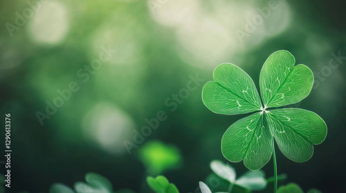 vibrant green four leaf clover symbolizes luck and prosperity, set against soft, blurred green background that enhances its beauty and charm