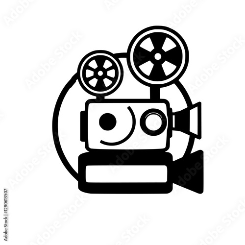 Vintage film camera illustration in black and white with a round circular background, a minimalist design.