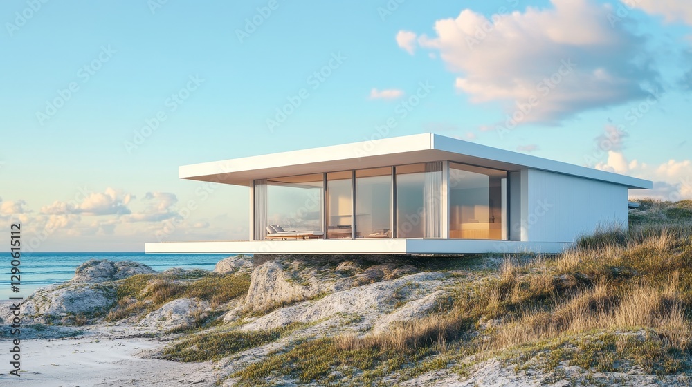 Fototapeta premium Modern Beachfront Villa With Infinity Pool Overlooking Serene Ocean and Mountains During Clear Daylight