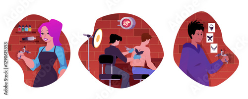 Vector illustration of set with tattoo parlor artists in round frames.
