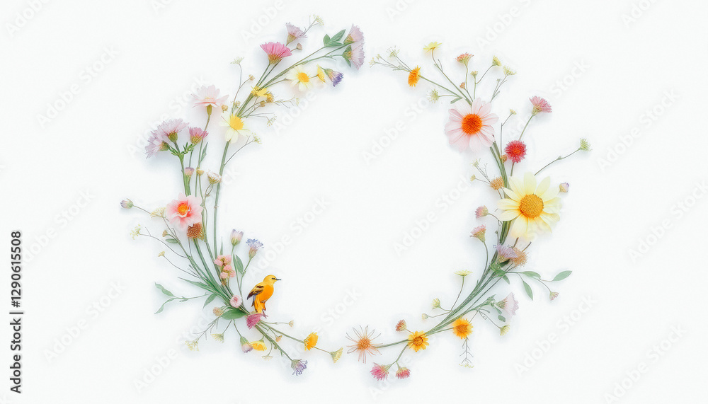 Beautiful circular wreath made of colorful wildflowers arranged in a delicate composition on a white background. Beautiful circular wreath made of colorful wildflowers arranged in a delicate composition on a white background.