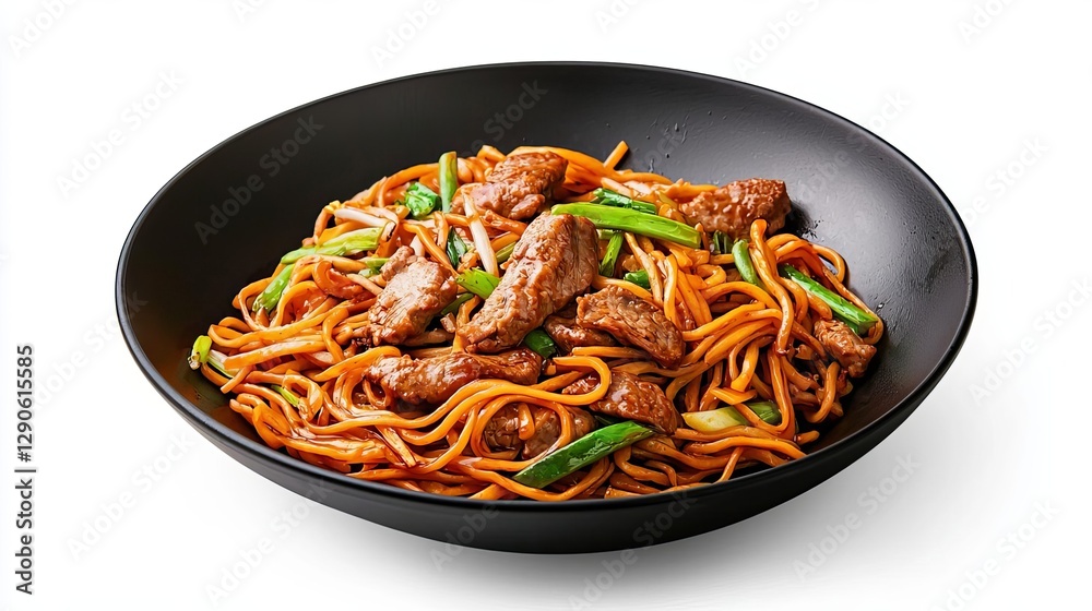 Delicious beef noodles served in a black bowl with vibrant vegetables. Delicious beef noodles served in a black bowl with vibrant vegetables.