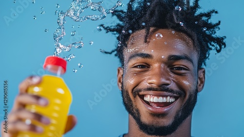 Man with a bottle of juice in his hand is smiling and laughing. The bottle is yellow and has a red cap. The man is holding the bottle up to his face, and the juice is spraying out of it photo