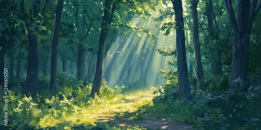 Obraz premium In the dense forest, sunlight shines through the leaves and forms rays of light on the ground. The trees stand tall with green foliage that adds to their beauty. 