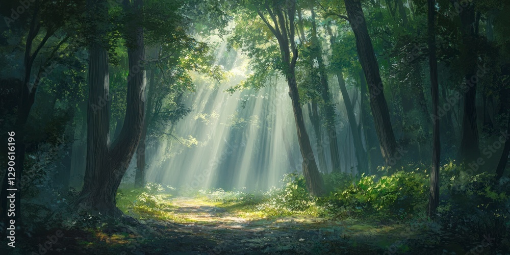 Fototapeta premium In the dense forest, sunlight shines through the leaves and forms rays of light on the ground. The trees stand tall with green foliage that adds to their beauty. 