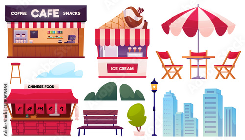 Street Cafe theme vector icons set, Chinese food and Ramen restaurant, Coffee and snacks, ice cream shops, cityscape