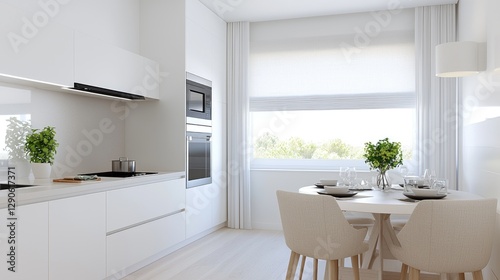 Modern white kitchen, dining area, sunlight, greenery view, apartment interior design