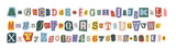 Set of magazine cutout alphabet font. Cut letter and numbers. Typography type from newspaper. Pop art clipping word. Vector crime grunge illustration with ripped and torn elements.