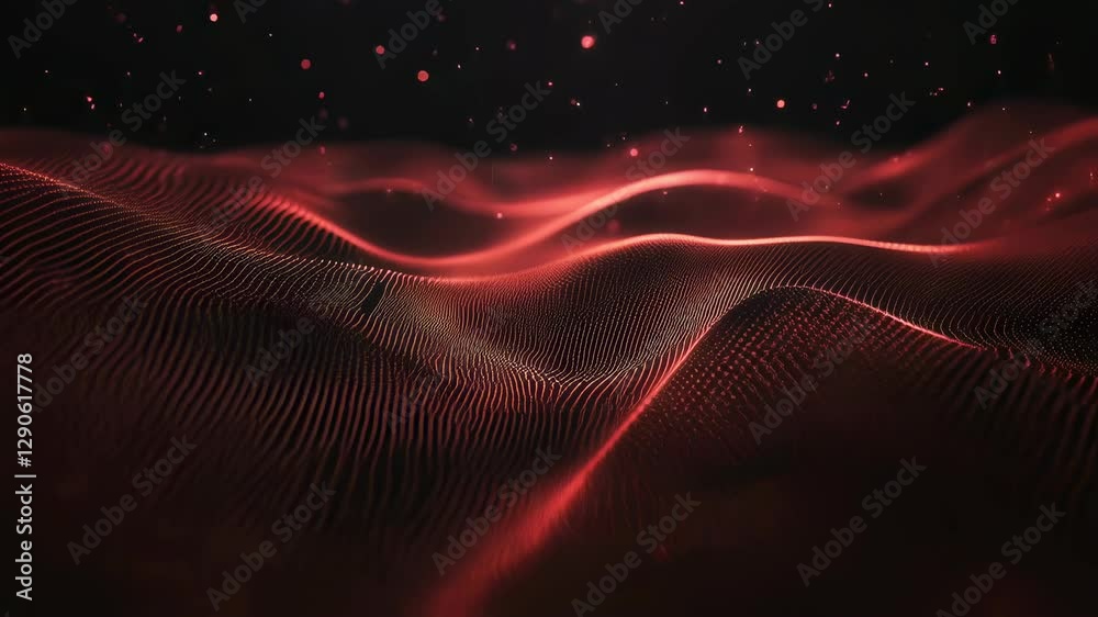 Digital red particle wave animation on black background. Abstract technology visualization for data science, sound wave, or cyber security concept. Modern particle landscape.