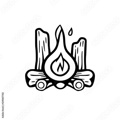 Black-and-white illustration of a campfire, burning logs, and a waterdrop, on a white background.