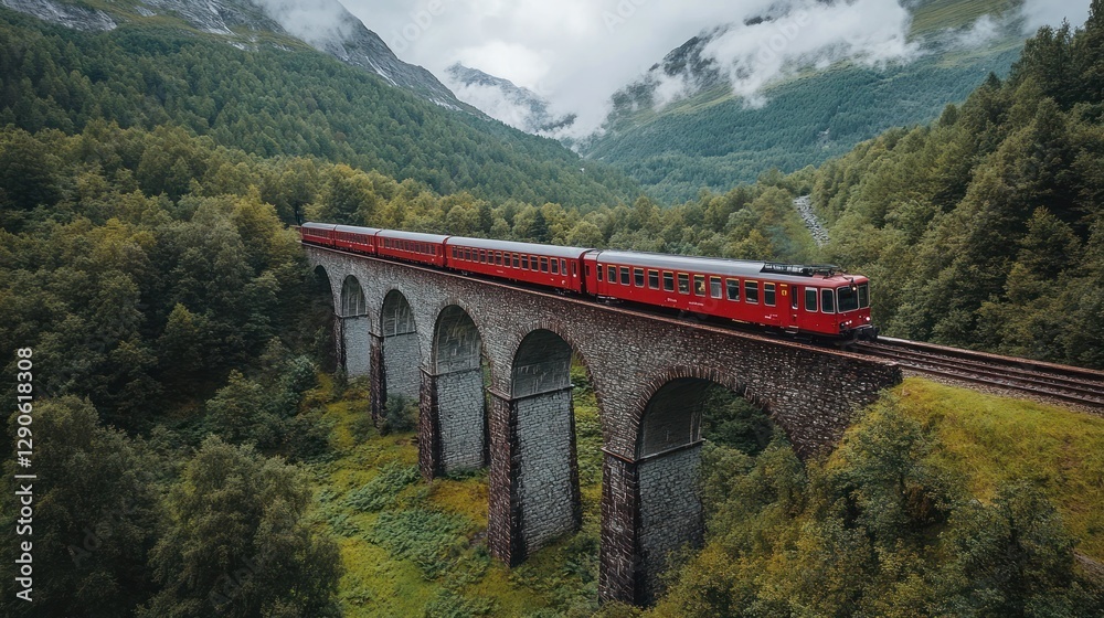 Fototapeta premium Red train on mountain viaduct, misty alpine scenery