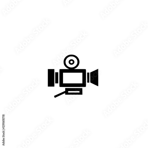 Minimalist Black Silhouette of a Vintage Movie Camera on White Background