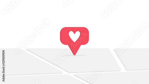 A red location pin icon with a heart symbol on a simplified grey map, representing favorite places, love for travel, or special destinations