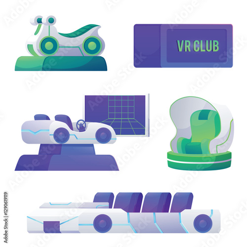 Vector illustration of a set with digital equipment for a virtual reality amusement park.