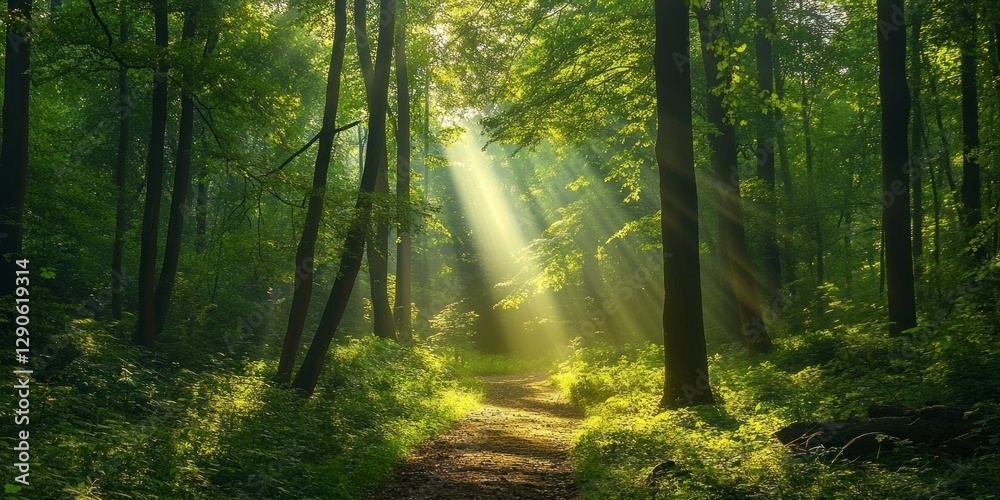 Obraz premium In the dense forest, sunlight shines through the leaves and forms rays of light on the ground. The trees stand tall with green foliage that adds to their beauty. 