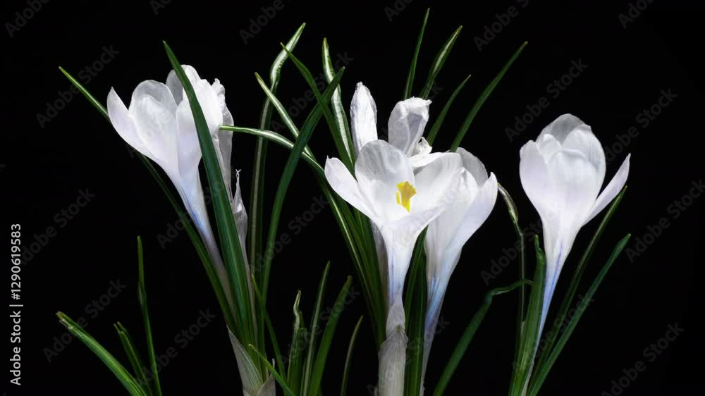 Time-Lapse Blooming: White Crocus Bouquet on Camera with Natural Spring Background. Time-Lapse Blooming: White Crocus Bouquet on Camera with Natural Spring Background.