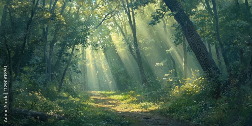 Fototapeta premium In the dense forest, sunlight shines through the leaves and forms rays of light on the ground. The trees stand tall with green foliage that adds to their beauty. 