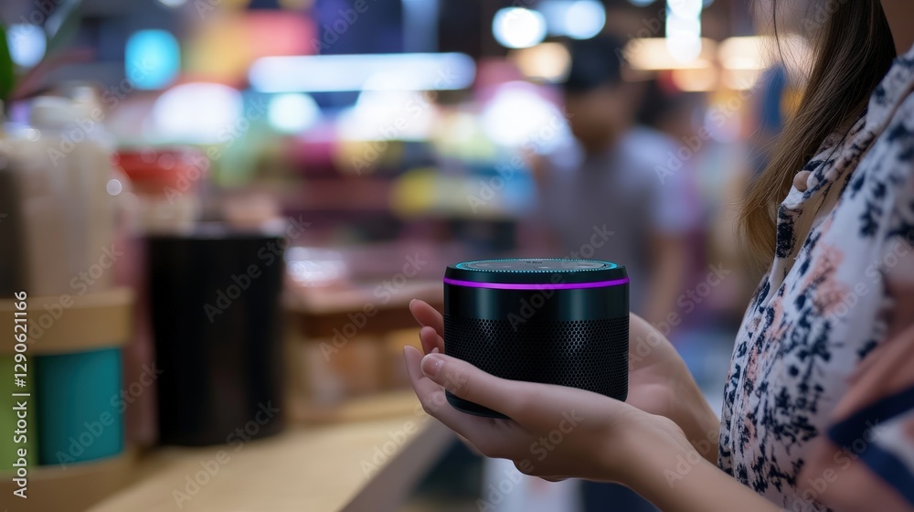 A person using voice commands to shop online, asking their virtual assistant to add items to their cart or track delivery statuses, showing how voice technology streamlines e-commerce A person using voice commands to shop online, asking their virtual assistant to add items to their cart or track delivery statuses, showing how voice technology streamlines e-commerce