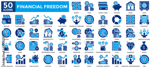 Financial Freedom icon collection set.Containing asset, investment, passive income, money, wealth, profit, savings, income, earning icon.Simple flat vector illustration.	