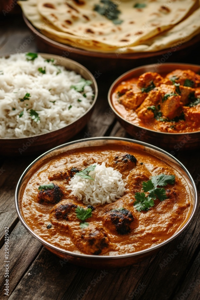 Various Indian dishes on a table, including creamy chicken curry with rice. Various Indian dishes on a table, including creamy chicken curry with rice.