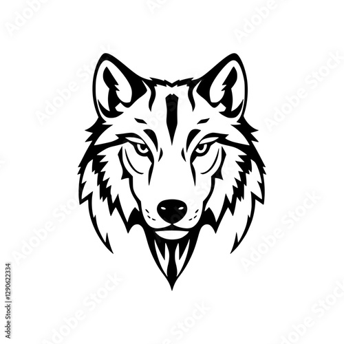 Intricate wolf head portrait, black and white, vector illustration, detailed, strong, symmetrical, clean, sharp lines, abstract tribal tattoo style.