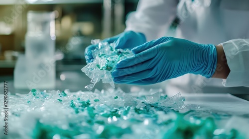 Scientists in a lab creating sustainable, biodegradable plastics from natural polymers, aiming to reduce plastic pollution and support a circular economy
