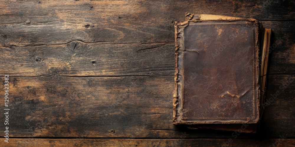 Old leather book on rustic wooden background evokes sense of history and nostalgia. worn texture and rich color of leather add character to scene Old leather book on rustic wooden background evokes sense of history and nostalgia. worn texture and rich color of leather add character to scene