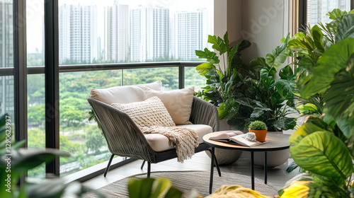 Urban look from balcony, concept cityscape and terrace loggia flat vector illustration. Cozy relax place, design interior pot flower, comfortable table chair. Luxury home perfect view on city.