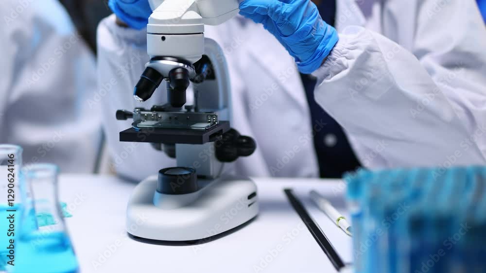Scientist wearing a lab coat and gloves is adjusting a microscope in a laboratory. Scientist wearing a lab coat and gloves is adjusting a microscope in a laboratory.