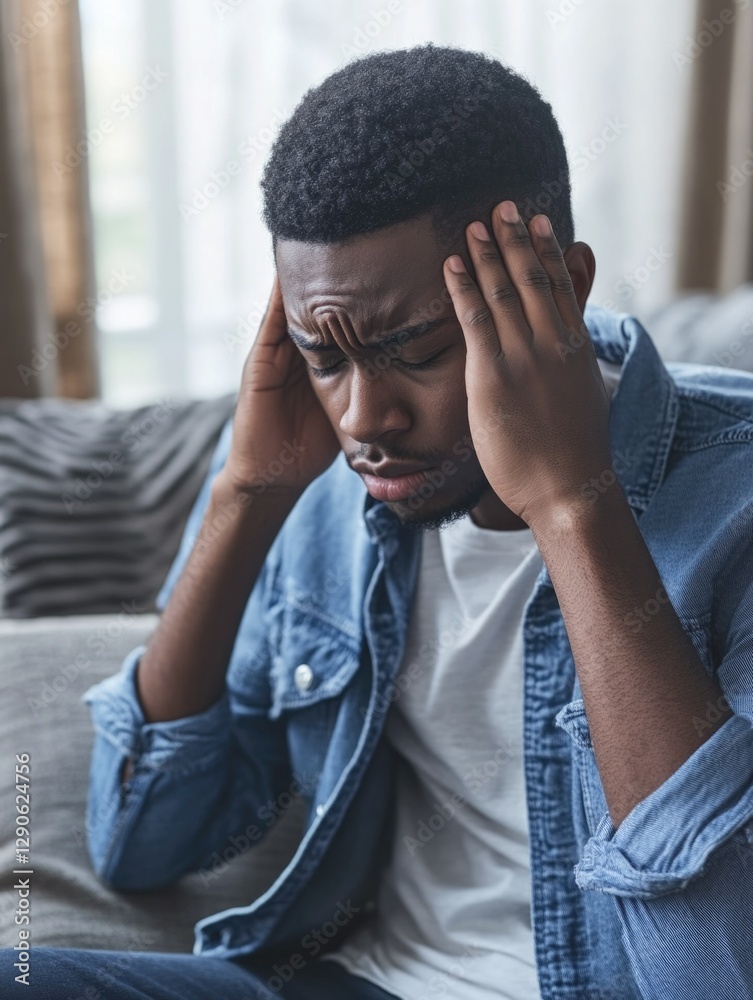 A man clutching his head in discomfort, possibly experiencing pain or stress.