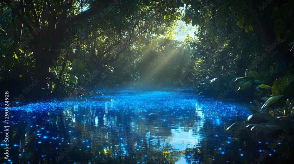 Fototapeta premium Mystical forest scene, serene water reflecting ethereal blue light, enchanting atmosphere ideal for relaxation and meditation.