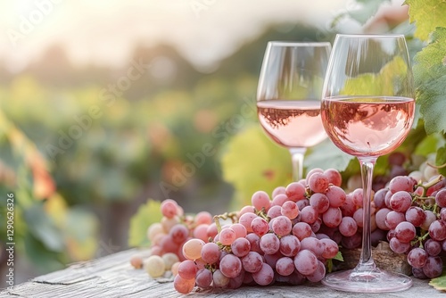 Two elegant glasses of rosé wine beside fresh grapes in sunlit v