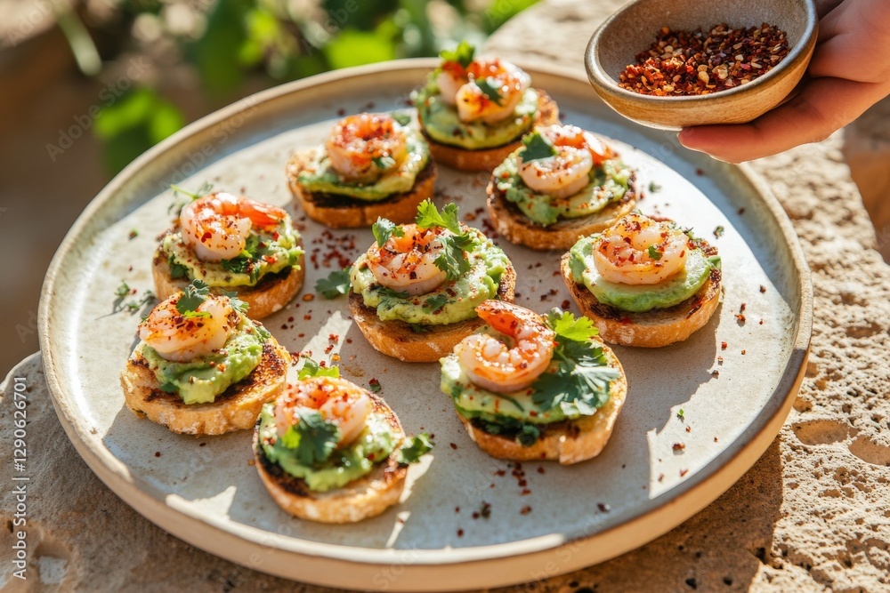 Crispy baguette slices topped with smashed avocado, grilled shrimp, and cilantro are enhanced with a sprinkle of chili flakes, creating a delicious and interactive appetizer Crispy baguette slices topped with smashed avocado, grilled shrimp, and cilantro are enhanced with a sprinkle of chili flakes, creating a delicious and interactive appetizer
