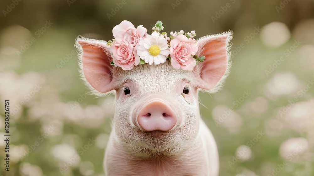 National pig day with cute and playful idea. Adorable pig wearing a floral crown in a grassy field. National pig day with cute and playful idea. Adorable pig wearing a floral crown in a grassy field.