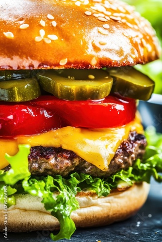Delicious Cheeseburger with Pickles, Lettuce, and Tomato Close-Up