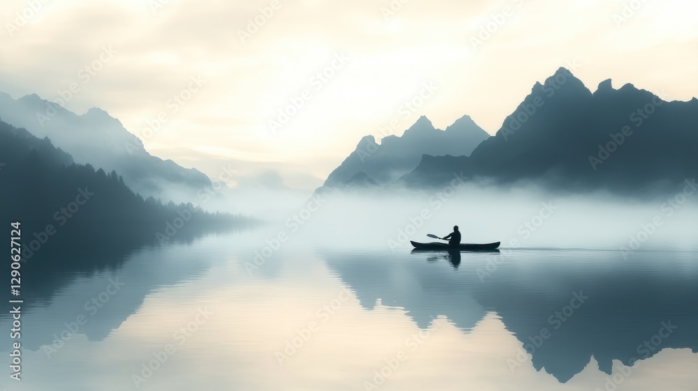 Serene Kayaking at Dawn: Misty Mountain Lake Reflection Serene Kayaking at Dawn: Misty Mountain Lake Reflection