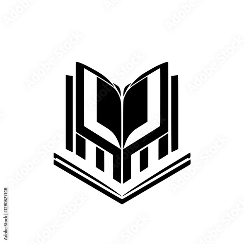 Black and white geometric icon of an open book with a stylized design, with its pages fanning out, set against a white background.
