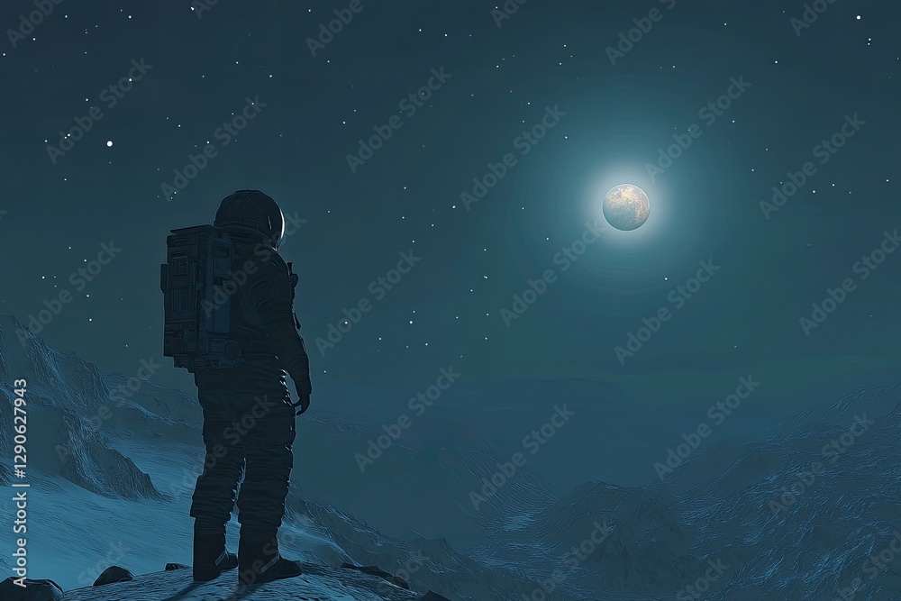Astronaut Gazing at Moon on Alien Mountain Range at Night Astronaut Gazing at Moon on Alien Mountain Range at Night