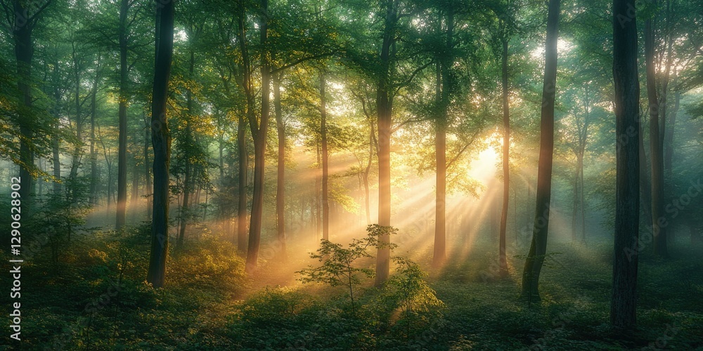Obraz premium A tranquil forest scene with sunbeams piercing through the tree canopy.