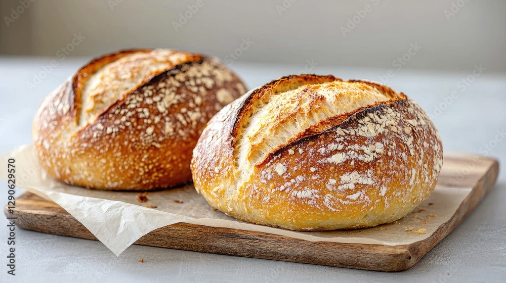 Two artisan loaves, kitchen counter, baking, food photography Two artisan loaves, kitchen counter, baking, food photography