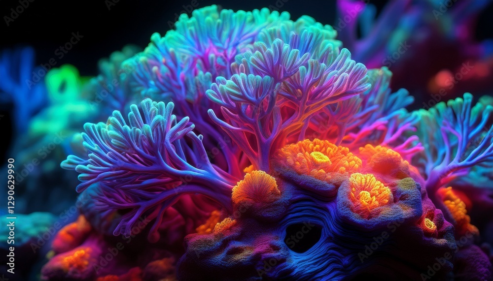 Macro shot of a coral fragment, glowing with neon fluorescence under UV light, revealing vibrant, otherworldly colors in the dark. Macro shot of a coral fragment, glowing with neon fluorescence under UV light, revealing vibrant, otherworldly colors in the dark.