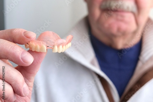 An elderly man holds a denture in his hands. The concept of stomatology and prosthetics. A dental prosthesis. Dentures on hooks photo
