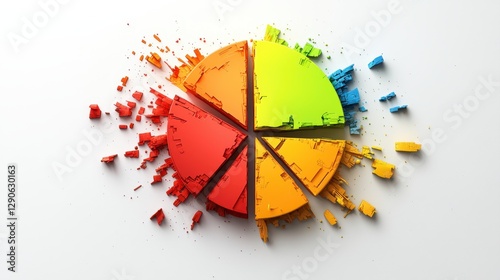 A colorful pie chart appears shattered, with vibrant segments of red, orange, yellow, green, and blue scattered across a white surface.