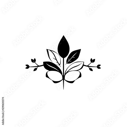 Black and White Leaf Motif with Stylized Floral Design and Branches against White Background, Organic.