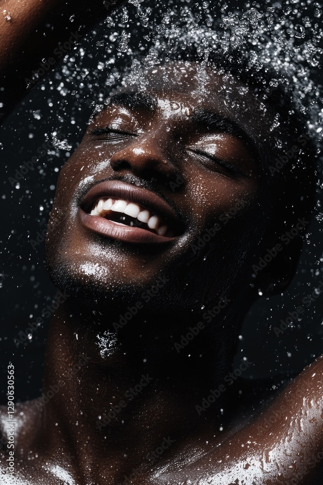The joy of a refreshing shower. Man smiling as water streams over his skin. The joy of a refreshing shower. Man smiling as water streams over his skin.